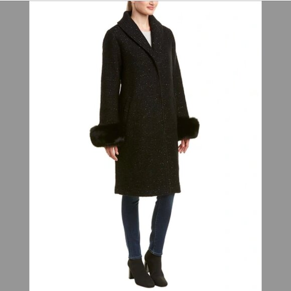 Elie Tahari Black Wool and Fox Fur Coat - Picture 1 of 6